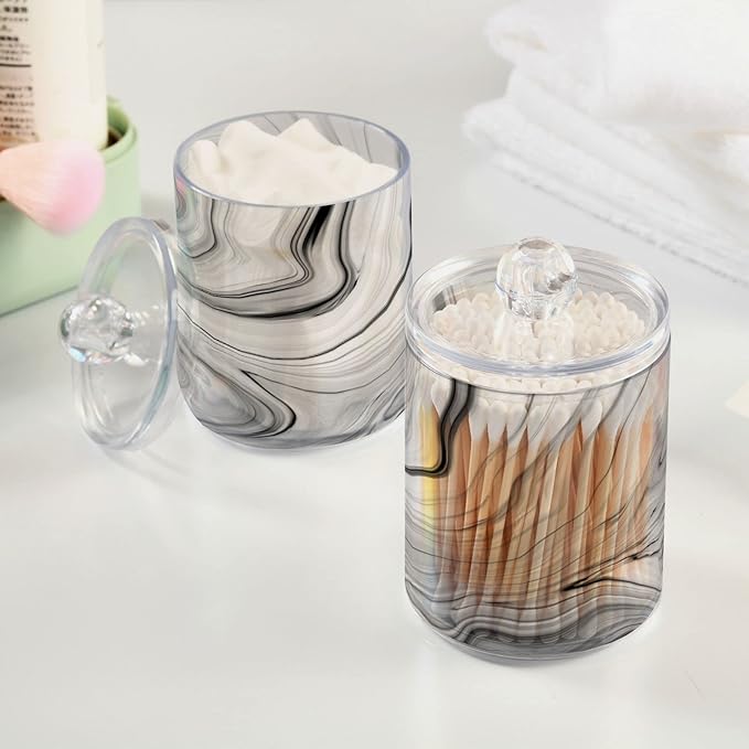 MNSRUU 4 Pack Qtip Holder Organizer Dispenser Fashion Grey Marble Bathroom Containers Bathroom Vanity Storage Canister Apothecary Jars for Cotton Swabs/Pads/Floss