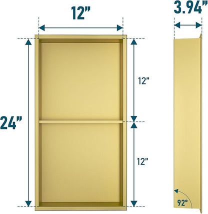Neodrain Shower Niche Double Shelf Stainless Steel No Tile Needed Bathroom Niches Recessed in Wall, 2-Tier Recessed Wall Niche Waterproof Cubby(12X24Inch Golden)