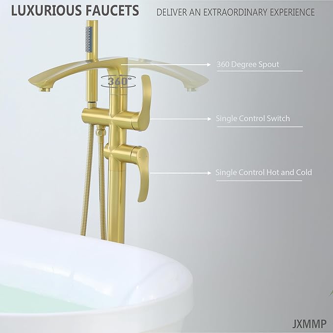 Free Standing Tub Faucet, Brushed Gold Floor Mount Bathtub Faucet with 360 Swivel Spout and Hand Shower, High Flow Stainless Steel Freestanding Tub Filler JXM-F001BG
