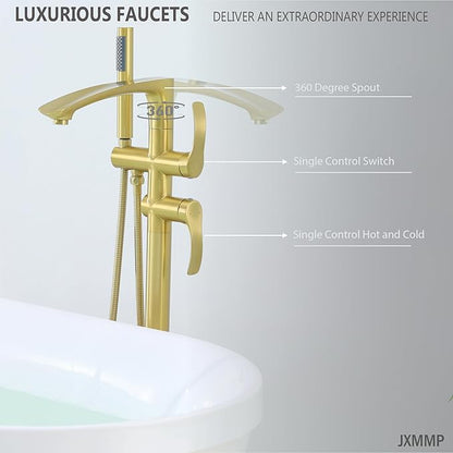 Free Standing Tub Faucet, Brushed Gold Floor Mount Bathtub Faucet with 360 Swivel Spout and Hand Shower, High Flow Stainless Steel Freestanding Tub Filler JXM-F001BG