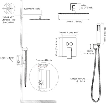 Shower System Shower Faucet Set with Push-Button Diverter and Wall Supply Elbow 12 Inch Shower Head Brushed Gold