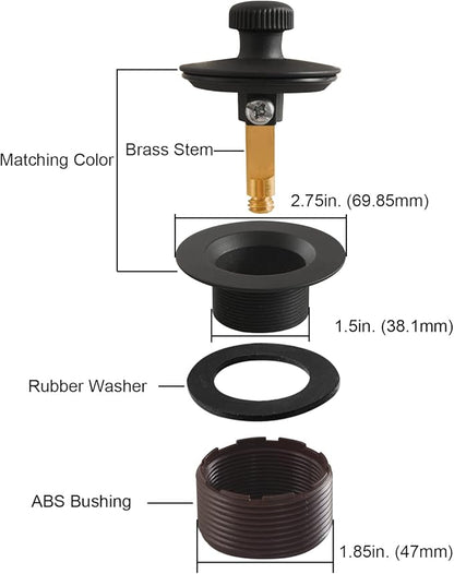 Lift and Turn Bathtub Drain Stopper with ABS Plastic Bushing, Fits in 1-1/2 Inch or 1-3/8 Inch Inner Bathtub Shoe, Easy to Install, Matte Black