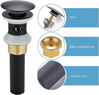 Bathroom Sink Drain,Drain Stopper Bathroom Sink with Overflow,Pop Up Drain Assembly with Detachable Strainer Basket,Built-in Anti-Clogging Strainer,Stainless Steel Mattle Black