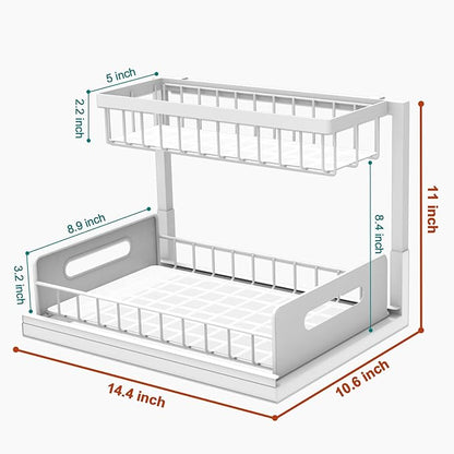 bukfen Under Sink Organizer, Pull Out Home Organizers 2-Tier Slide Out Sliding Shelf Under Cabinet Storage Multi-Use for Under Kitchen Bathroom Sink Organizers and Storage,White,2 Pack
