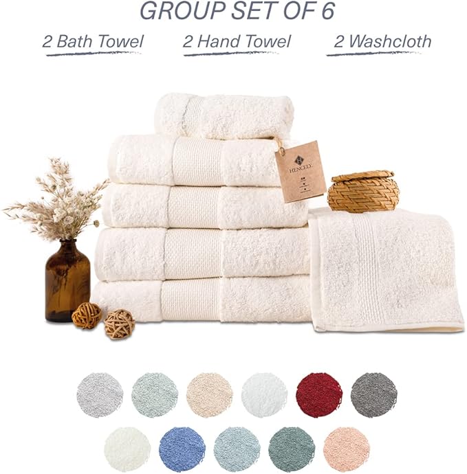 Hencely 6-Piece Bath Towel Set - High Absorbency, Quick Drying - 100% Soft Turkish Cotton - 2 Bath Towels, 2 Hand Towels, 2 Washcloths - for Bathroom, Home, Hotel, Spa, and Gym - 6-Pack Ivory