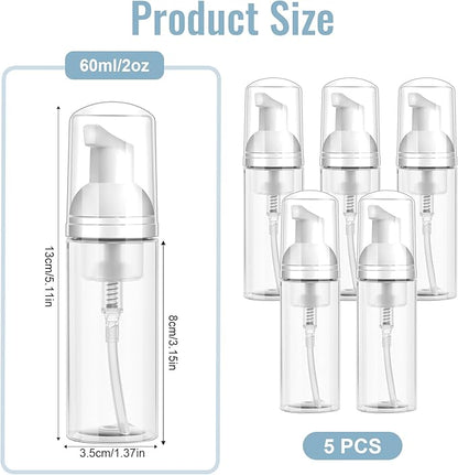 5 Pack 2 oz Travel Foam Pump Bottle, 60 ml Foam Dispenser, Clear PET Foaming Pump Bottle for Hand Soap, Shampoo, Hair Mousse, Self-Tanner, Facial Cleansers (5, Transparent)