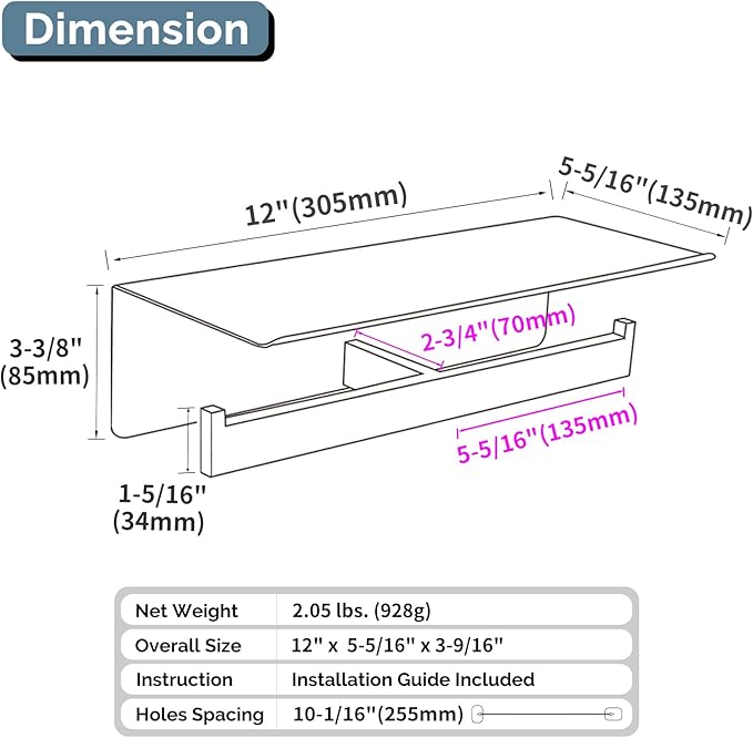 Angle Simple Matte Black Toilet Paper Holder with Shelf, 304 Stainless Steel Double Toilet Tissue Roll Holder for Wall