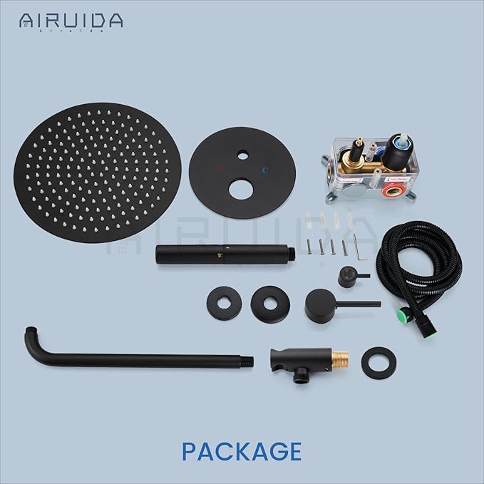Airuida Shower Fixtures 2 Functions Shower Faucet Set Wall Mounted for Bathroom High Pressure Brass Handheld Shower with Rough-in Valve Round Rainfall 12 Inch Shower Head Matte Black