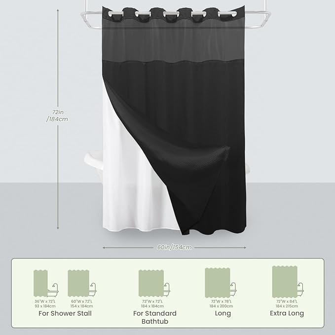 Inhousolu Stall No Hook Shower Curtain with Snap in Fabric Liner Set Waffle Weave 230GSM Weighted Hem, Waterproof & Washable Bathroom Curtain Spa Luxury with Mesh Top Window 60" W x 72" L Black