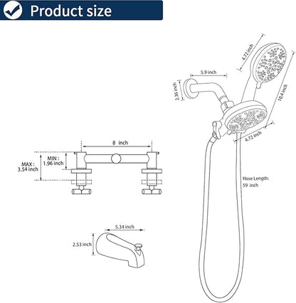 2 Handle Shower Faucet Set with Tub Spout Bathtub Shower Faucet Combo Set Shower System Complete Tub and Shower Trim Kit Brushed Gold Wall Mounted Shower Fixtures