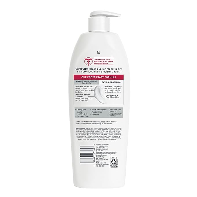 Curel Ultra Healing Lotion for Sensitive and Dry Skin, Hand and Body Lotion Repairs Moisture Barrier, Ceramide Moisturizer, Fragrance-Free, Dermatologist Recommended, Body Care, 20 Oz