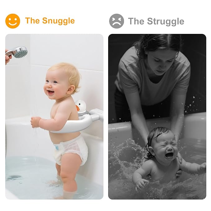 Baby Bath Stand with Pressable Duck Toy, No-Drill Interactive Bath Support with Adjustable Height & Non-Slip Suction Cups, Hands-Free Helper for Newborns & Toddlers 0-36 Months