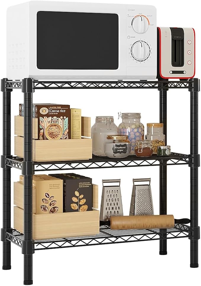 3 Tier Storage Racks Shelving, Heavy Steel Pantry Shelves, Adjustable Wire Shelving Rack, Suitable for Garage, Kitchen, Bathroom, Office, 24" W x 14" D x 34" H, Black