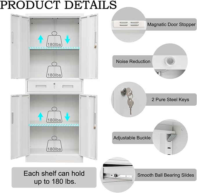 Metal Storage Cabinet, 71 Inch Tall Metal Storage Cabinet with Doors and Shelves, Pantry Cabinets with Drawer for Kitchen Storage, Garage Cabinet for Living, Dining Room, Assemble Required.
