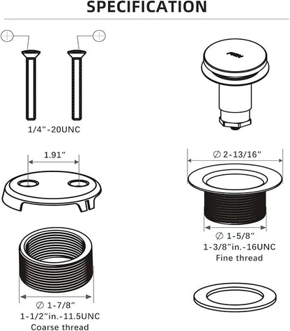 All Metal Tip-Toe Bathtub Drain Kit with Two-Hole Overflow Faceplate and Universal Fine/Coarse Thread Assembly, Bath Tub Drain Kit fits All Bathtub -Brushed Gold