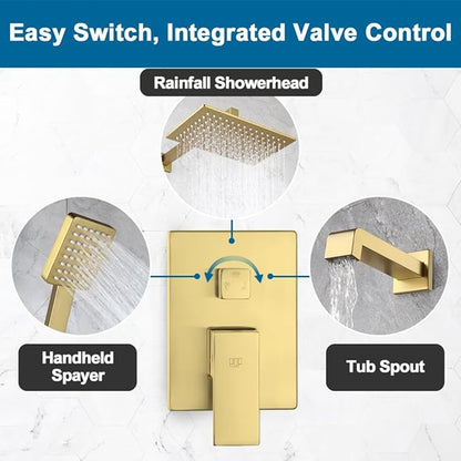 POP SANITARYWARE Shower Tub Faucet Set Brushed Gold Bathroom Shower System with Tub Spout Wall Mounted Rainfall 12 Inch Thickened Shower Head and Handle Set Include Shower Valve and Trim Kit