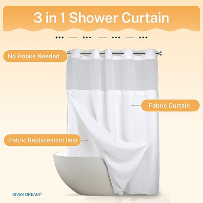 River Dream Heavyweight No Hooks Required Dotted Waffle Weave Shower Curtain with Snap in Liner - 71W x 80H,Hotel Grade,Spa Like Bath Curtain,White