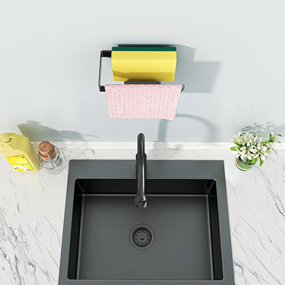 Sponge and Dish Cloth Holder for Kitchen Sink, 2 in 1 Adhesive Sink Dish Sponge Holder, Sinks Caddy Organizer Rack for Storage Sponges Scrubber Glove and Brush, Black