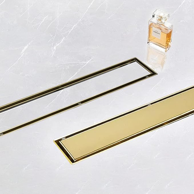 Linear Shower Drain, 60 inch Gold Drain with Tile Insert 2-in-1 Panel, Brushed 304 Stainless Steel Gold Shower Floor Drain, Linear Drain with Hair Strainer and Adjustable Feet