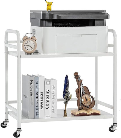 HDANI 2 Tier Under Desk Printer Stand with Storage,Microwave Storage Rack,Metal Rolling Printer Cart with Wheels for Home Office,Utility Storage Cart and Stand,White
