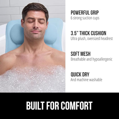 GORILLA GRIP Bath Pillow for Tub with Powerful Suction Cups, Headrest Pillows for Neck and Back Support, Machine Wash, Bathtub and Hot Tub Accessories, Relaxing Gift Essentials for Women, Spa Blue
