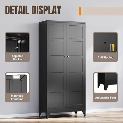 Yizosh Metal Pantry Cabinet,- 72" Black Kitchen Pantry Storage Cabinet with Doos and Adjustable Shelves for Kitchen, Living Room,Dining Room,Home