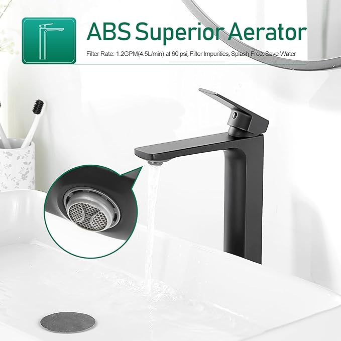 VOTON Vessel Sink Faucet Matte Black Tall Bathroom Faucet Single Handle Vanity Bathroom Sink Faucet 1 Hole Basin Mixer Tap with Water Supply Hose and Pop Up Sink Drain