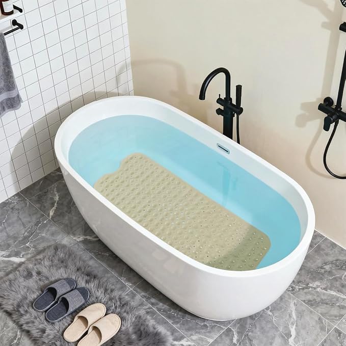 Anti-Slip Bathtub Shower mat, 39.3×15.7 inch（Approximately 100 × 40cm） Soft Oversized Machine Washable Non-Slip Bathtub mat with Drainage Holes, Bathroom Floor Suction Cup.（1-Opaque Khaki）