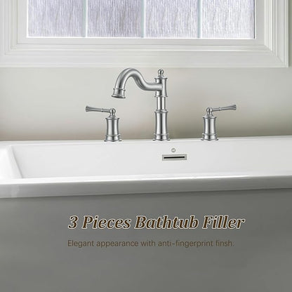Roman Tub Faucet Classic Widespread Deck Mount Bathtub Faucet 3 Holes Brass High Flow Tub Filler, Rough in Valve Included, Brushed Nickel