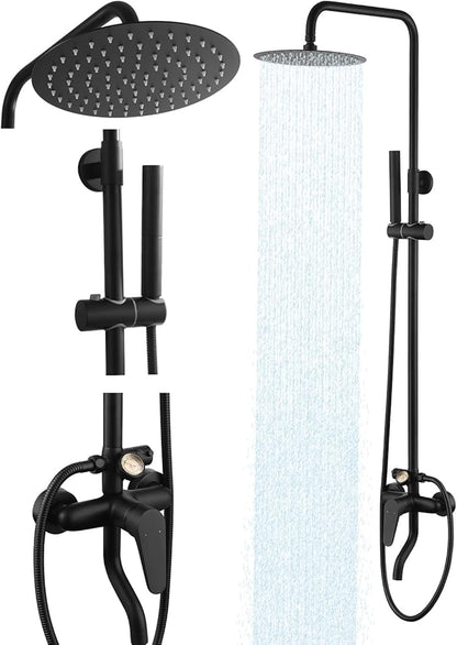 All-Metal Outdoor Shower Fixture,3 Functions Handle Tub Rainfall Shower Faucet Sets with Dial Thermometer Brass Valve, Black Exposed Shower System with 10'' Rainfall Shower Head Adjustable