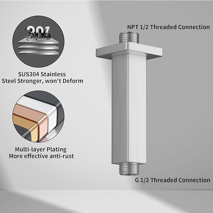 Brushed Nickel Short Shower Arm with Flange, 4 inch Ceiling Mounted Shower Head Extension Pipe Arm for Fixed Shower Head and High Pressure Rain