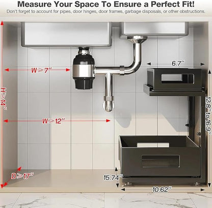 1 Pack 10.8"-14.9" H Under Sink Organizers and Storage Height Adjustable,2-Tier Pull Out Under Cabinet Shelf Organizer,Multi-Use Slide Out Drawer for Bathroom Kitchen Laundry-Black