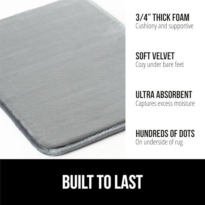 GORILLA GRIP Memory Foam Bath Rugs, Soft Absorbent Velvet Bathroom Mats, Durable Dots on Underside, Machine Washable Bathmat, Carpet Rug Room Decor for Shower Floor, 42x24 Mat, Graphite Gray