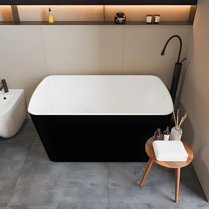 49" Acrylic Freestanding Bathtub, Soaking Tub with Seat, Toe-Tap Drain, Slotted Overflow, Deep Ergonomic Design, cUPC Certified, Black