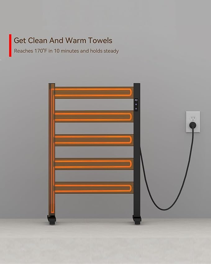 Towel Warmers for Bathroom, Space Aluminum Heated Towel Racks for Bathroom, with Built-in Timer&Temperature Adjustment, Freestanding Towel Heater,Matte Black,5 Bars