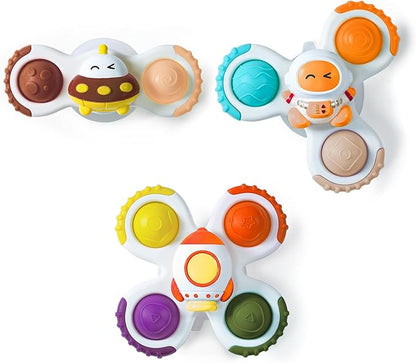 LiKee Strong Suction Cup Fidget Rotating Sensory Bath Toys for Baby Christmas Stocking Stuffers, Airplane Car Travel Table & Window Toys for Toddler Boys and Girls, 12+ Months