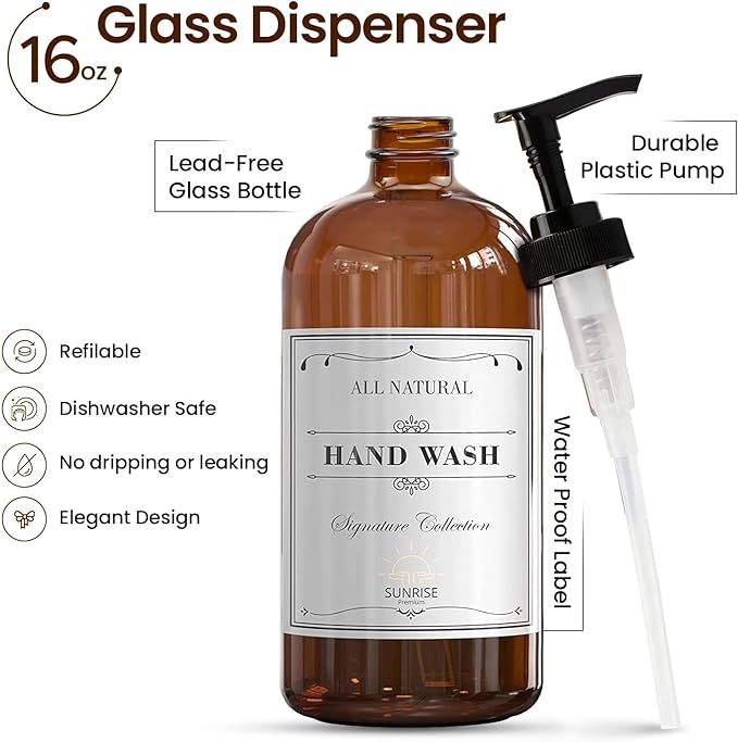 16 OZ Thick Amber Glass Soap Dispenser with Pump 2 Pack, Hand and Dish Soap Dispenser Set for Bathroom with 6 Waterproof Labels