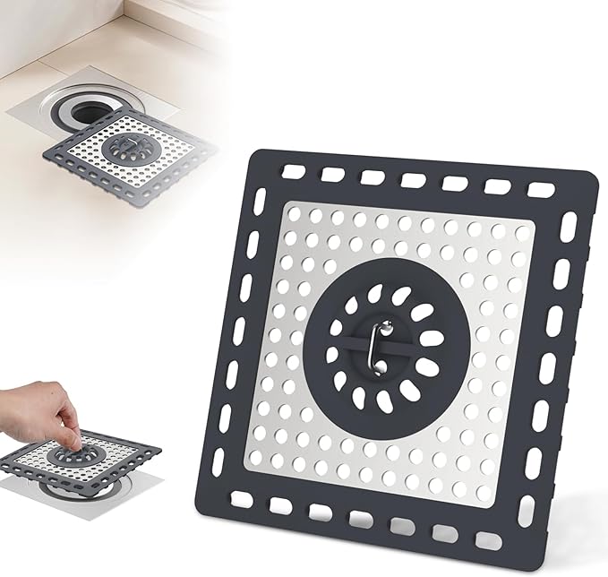 Hibbent Upgraded Shower Drain Hair Catcher, Shower Drain Cover for Bathroom Floor 4" Drain, Anti-Clogging Bathtub Drain Strainer, Stainless Steel Kitchen Sink Drain Strainer with Handle, Dark Grey