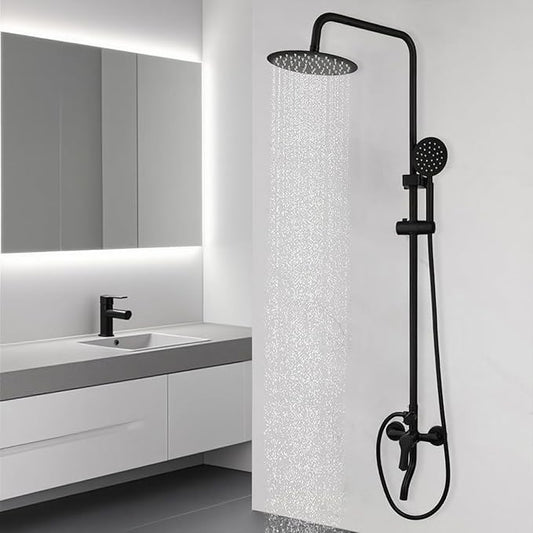 Exposed Shower System 8 Inch Rainfall Shower Head Matte Black Outdoor Shower Fixture 3 Function Stainless Steel Wall Mount Shower Faucet Set with Handheld Sprayer and Tub Spout