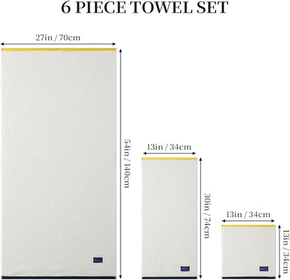 REDKISS 6 Pack Cotton Towel Set with Luxury Embellished Border, 600 GSM Ultra Soft & Highly Absorbent Bath Towels Set with 2 Bath, 2 Hand, 2 Washcloths for Bathroom, Gym, Spa, Hotel, White