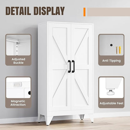 Yizosh Metal Storage Cabinet with 2 Doors and 3 Adjustable Shelves - 47" White Kitchen Pantry Storage Cabinet Locker for Kitchen,Living Room,Dining Room