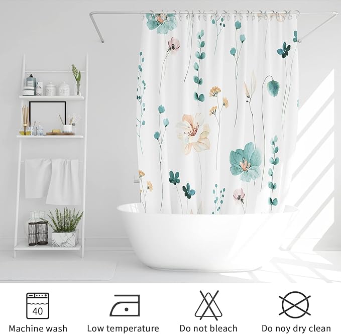 Gibelle Long Shower Curtain 72 x 78, Watercolor Floral Fabric Shower Curtain, Teal Beige Flower Decorative Bathroom Shower Curtain Set
