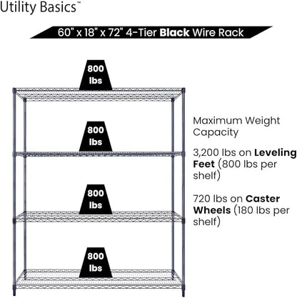 NSF Commercial 4-Tier Wire Shelving with Wheels, 60"x18"x72" Heavy Duty Metal Shelves 3200 lbs Max Capacity, Black Storage Rack for Garage Kitchen Pantry Warehouse