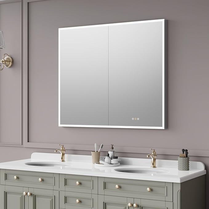 Recessed Medicine Cabinets for Bathroom with Mirror, Only Recessed Medicine Cabinet with Defogger, Dimmer, Outlets & USB, Three Doors, 42"x 36"