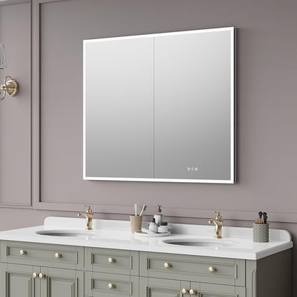 Recessed Medicine Cabinets for Bathroom with Mirror, Only Recessed Medicine Cabinet with Defogger, Dimmer, Outlets & USB, Three Doors, 42"x 36"