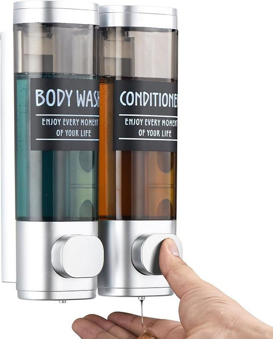 Shampoo and Conditioner Dispenser,GlintGath Shower Dispenser 2 Chamber No Drill Shampoo Dispenser for Shower Wall Mounted Shower Soap Dispenser for Bathroom Hotel,2 * 300ML,Silver