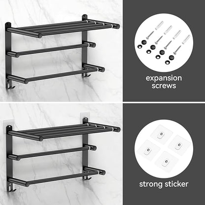 Black Adjustable Towel Bar for Bathroom Wall Mount17-30.7inch Adhesive Shower Towel Rack Stainless Steel Bath Towel Holders for Toilet Kitchen Double Towel Hanger (Black 3-Layer Towel Rack)