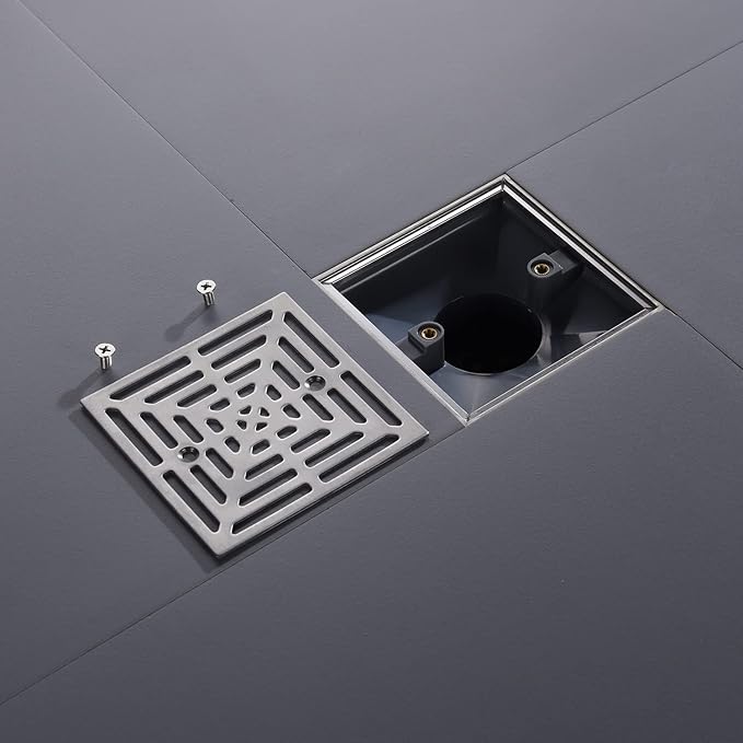 4-1/4"Square Brushed Nickel Shower Drain，Base with Adjustable Drain Flange Kit PVC,Removable Grille Strainer Drain Cover with Screws,SUS304 Stainless Steel