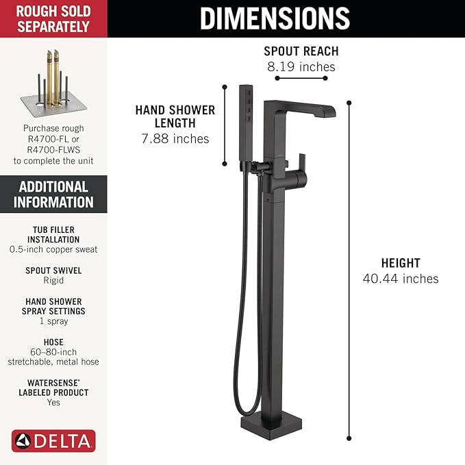 Delta Ara Freestanding Tub Faucet with Hand Held Shower, Matte Black Floor Mount Tub Filler, Matte Black T4767-BLFL (Valve Not Included)
