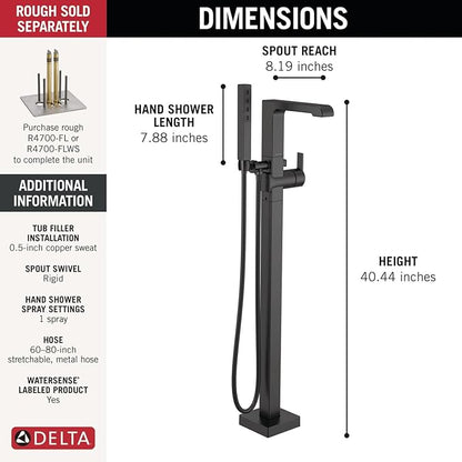 Delta Ara Freestanding Tub Faucet with Hand Held Shower, Matte Black Floor Mount Tub Filler, Matte Black T4767-BLFL (Valve Not Included)